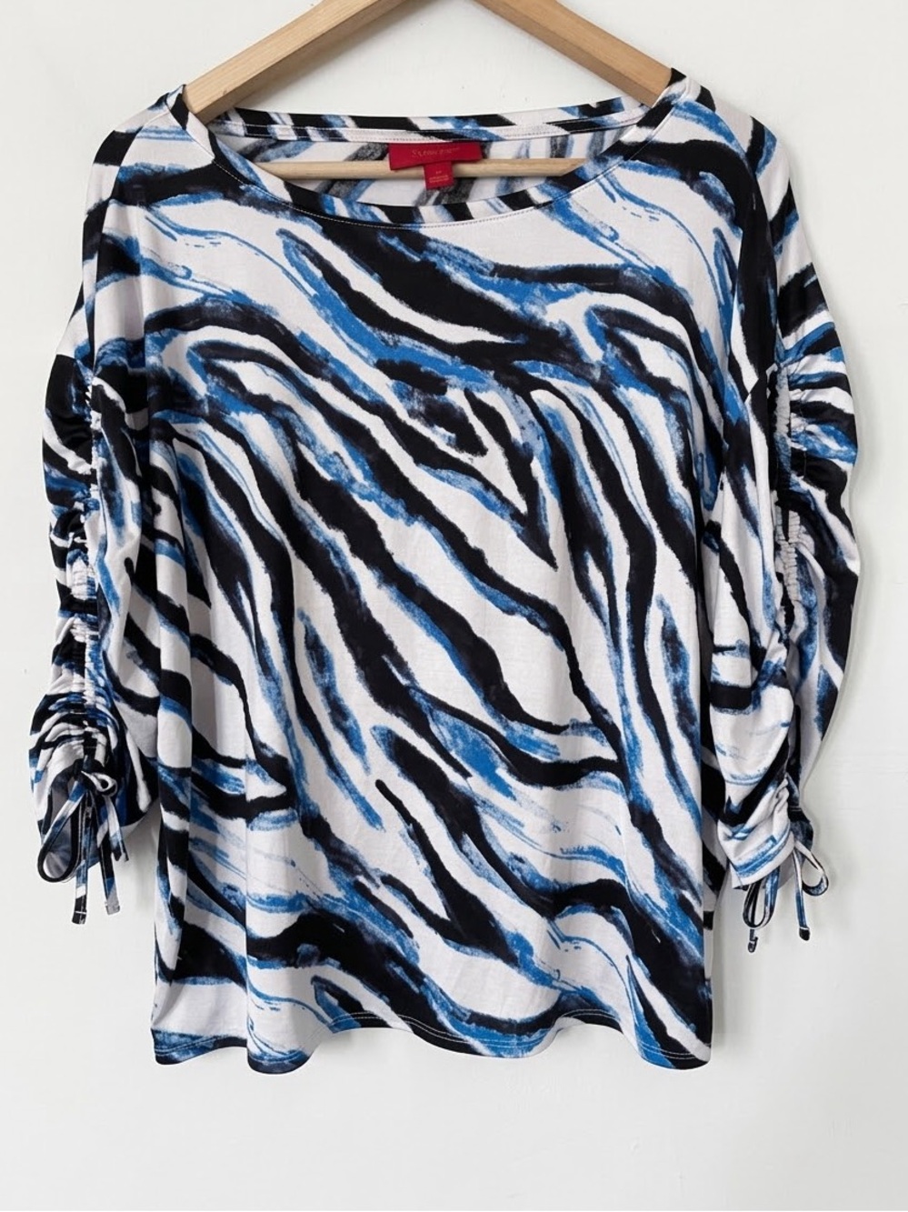 Jennifer Lopez Y2K Blue Zebra Animal Print Ruched Tie Sleeve Scoop Neck Top S